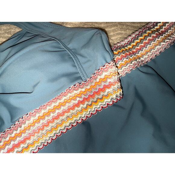 Teen Swimsuit Size 13-14 Blue Halter Neck Tie Contrast Woven Trim  2 Piece - Picture 3 of 6